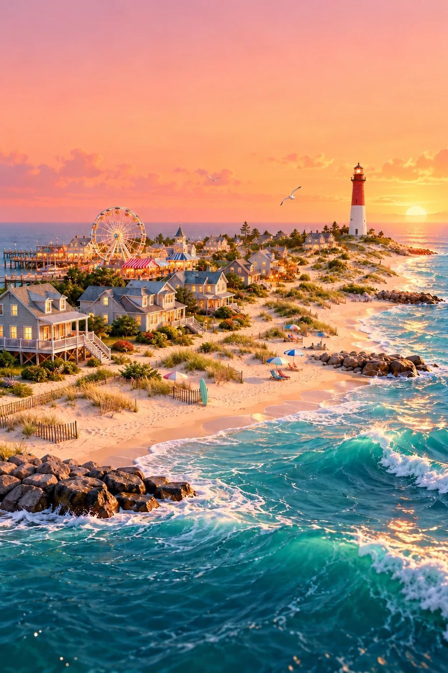 Long Beach Island at sunset: dunes, beach houses, the Ferris wheel and Old Barney
